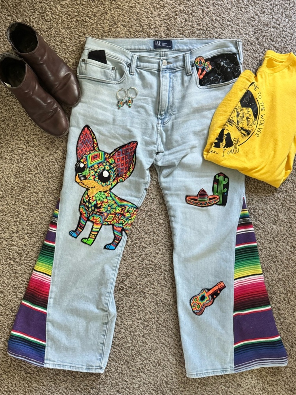 Upcycled Refashioned Cinco De Mayo Light Jeans with Colorful & Lace Appliqué
